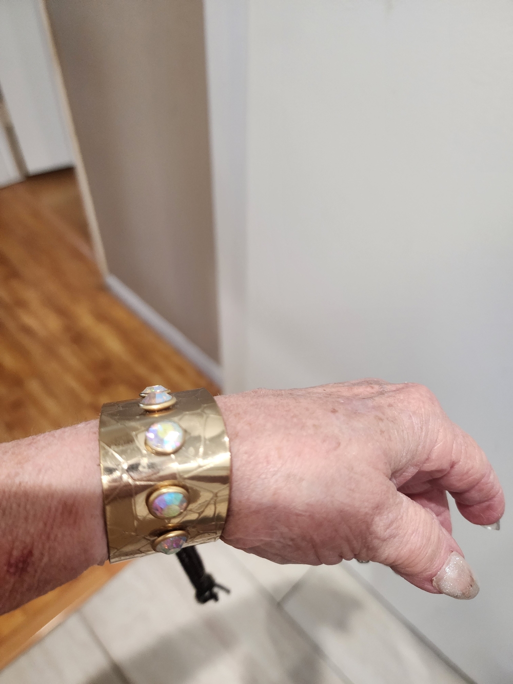 Gold-Tone Cuff Bracelet with Iridescent  Stones Genuine Leather- Sandra Ling